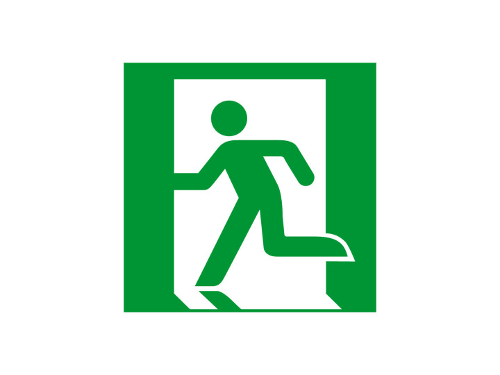 Évacuation Sécurité E001 Sortie de secours à gauche Panneau Signalétique Norme ISO 7010