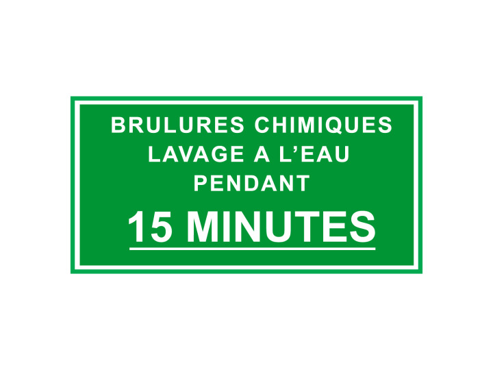 Évacuation Sécurité  E455  Brûlures chimiques lavage à leau pendant 15 minutes  Norme ISO7010