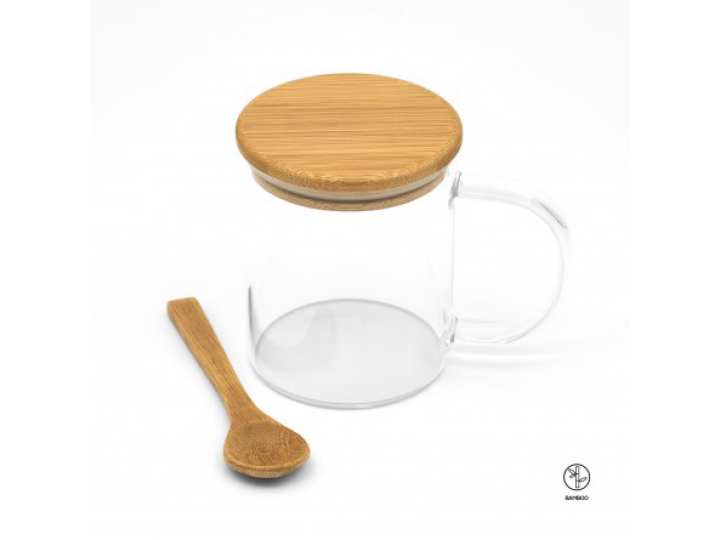 Mug Personnalisé  Tasse en verre avec couvercle et cuillère en bambou 420 mL COCO